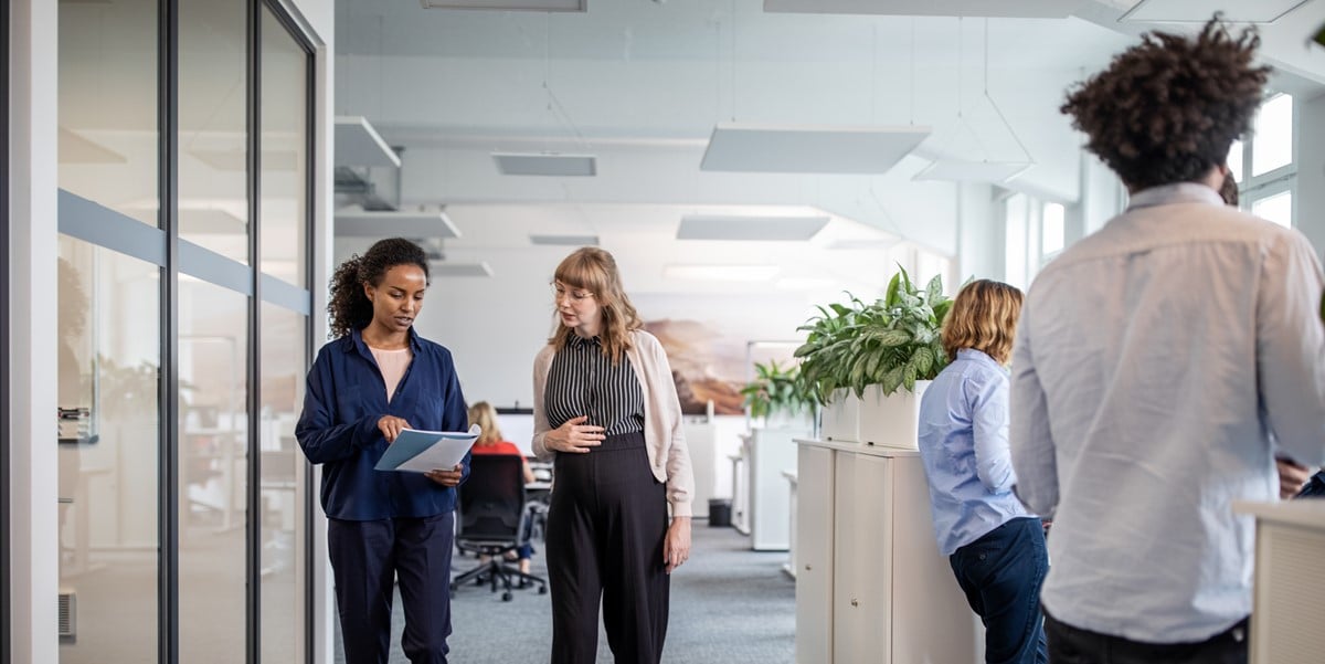 professionals in the office, two women reviewing document together